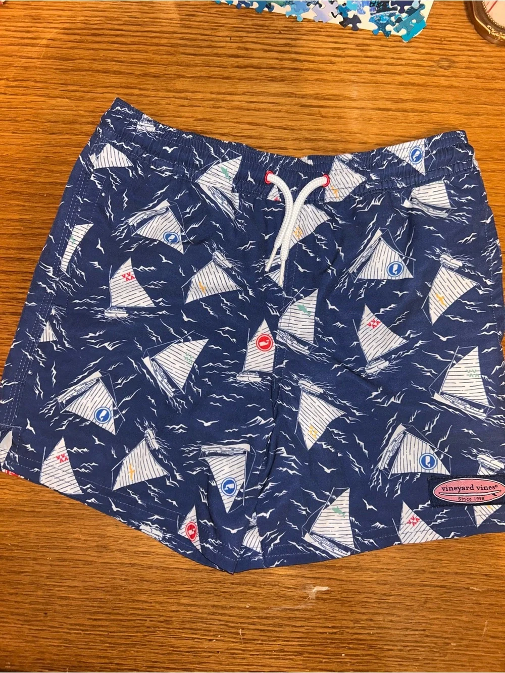 Vineyard Vines Navy Sailboat Print Swim Shorts with White Drawstring